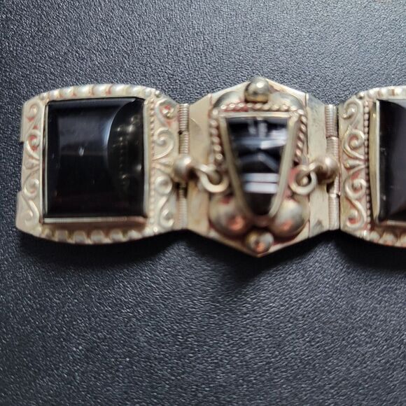 Vintage Aztec Mask Bracelet Black Onyx Alpaca Silver Beautiful 7” made in Mexico - Picture 5 of 16